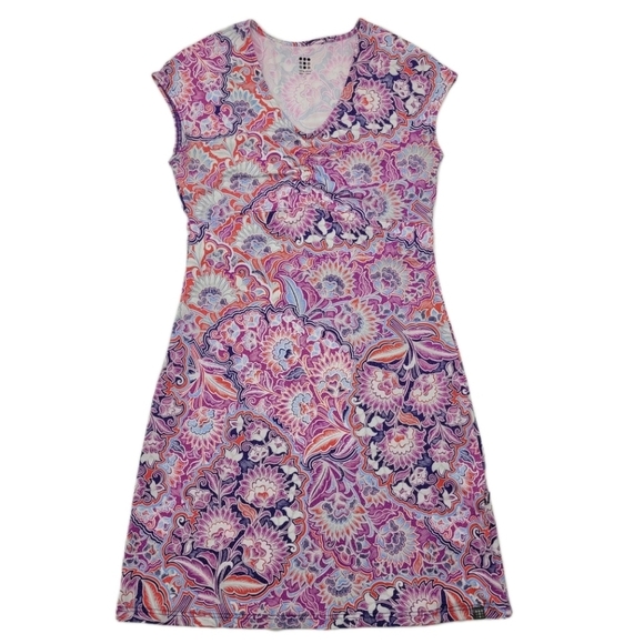 Title Nine Diamalete Dress V Neck Purple Coral Ruched Zip Pocket Floral Small - Picture 1 of 15